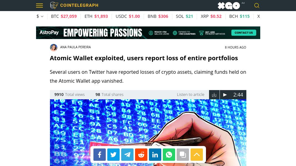 Screenshot of cointelegraph.com: Atomic Wallet exploited, users report loss of entire portfolios