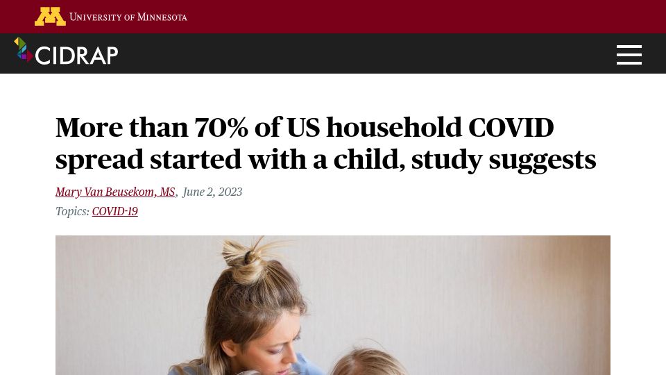 Screenshot of cidrap.umn.edu: Over 70% of US household Covid spread started with a child