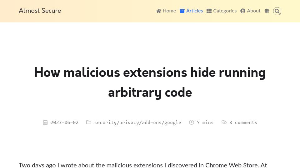 Screenshot of palant.info: How Malicious extensions hide running arbitrary code