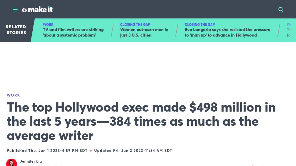 Screenshot of cnbc.com: Warner Discovery CEO made $498M in the last 5 years– 384x the average writer