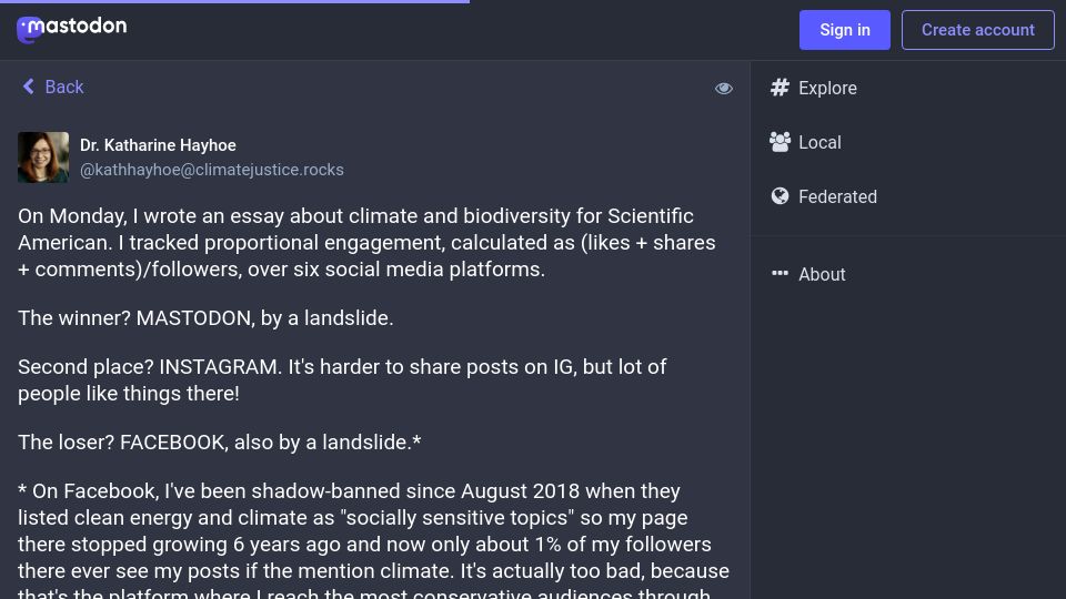 Screenshot of climatejustice.rocks: Mastodon provides the highest (over 12%) engagement under posts