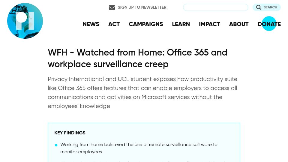 Screenshot of privacyinternational.org: WFH – Watched from Home: Office 365 and workplace surveillance creep (2022)