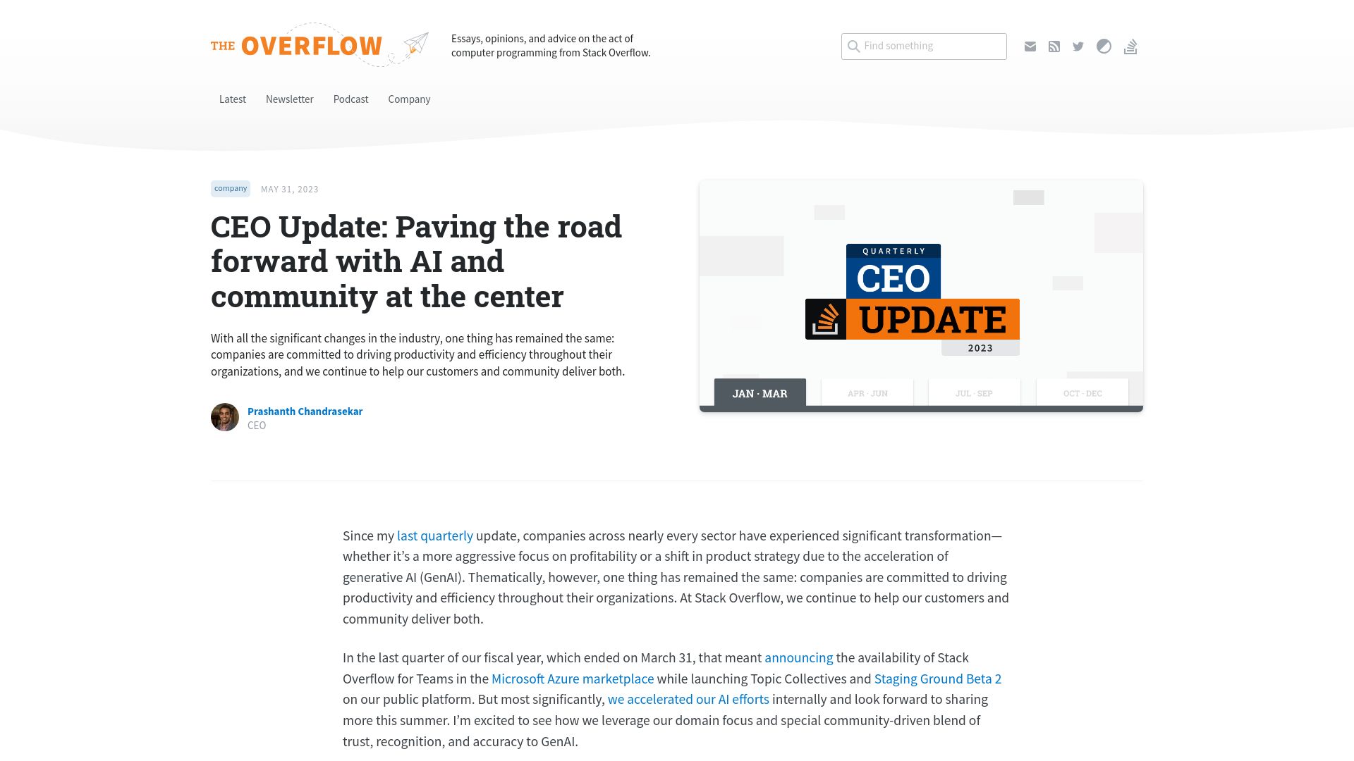 Screenshot of stackoverflow.blog: CEO Update: Paving the road forward with AI and community at the center
