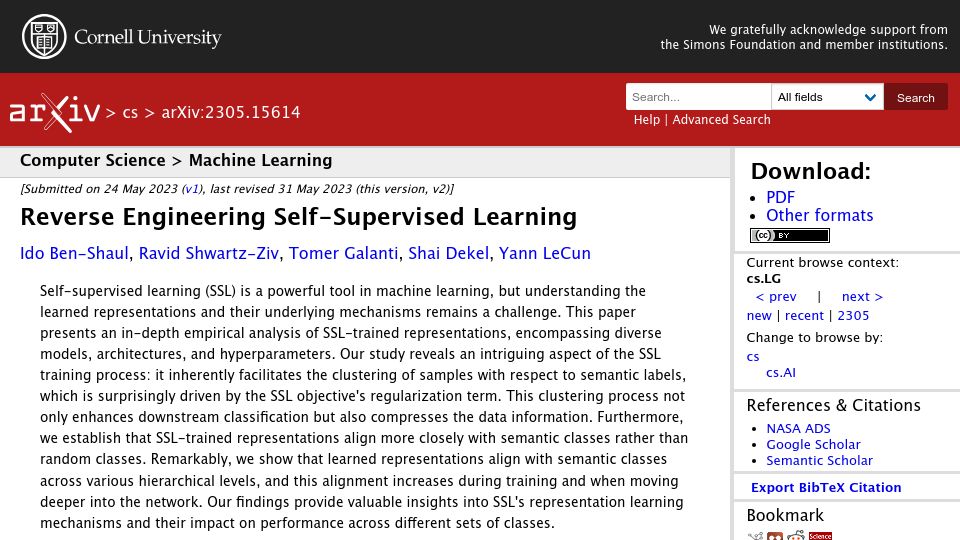 Screenshot of arxiv.org: Reverse Engineering Self-Supervised Learning
