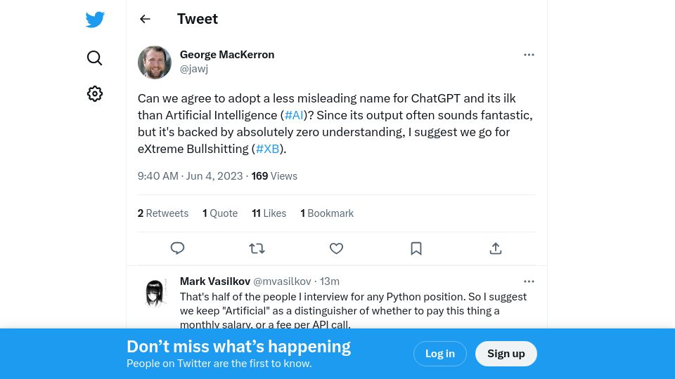 Screenshot of twitter.com: XB, or eXtreme Bullshitting: a less misleading name for LLMs