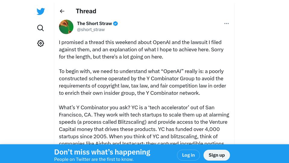 Screenshot of twitter.com: OpenAI is getting sued for being biased with Y Combinator