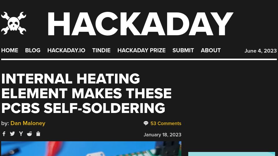 Screenshot of hackaday.com: Printed circuit board that solders itself