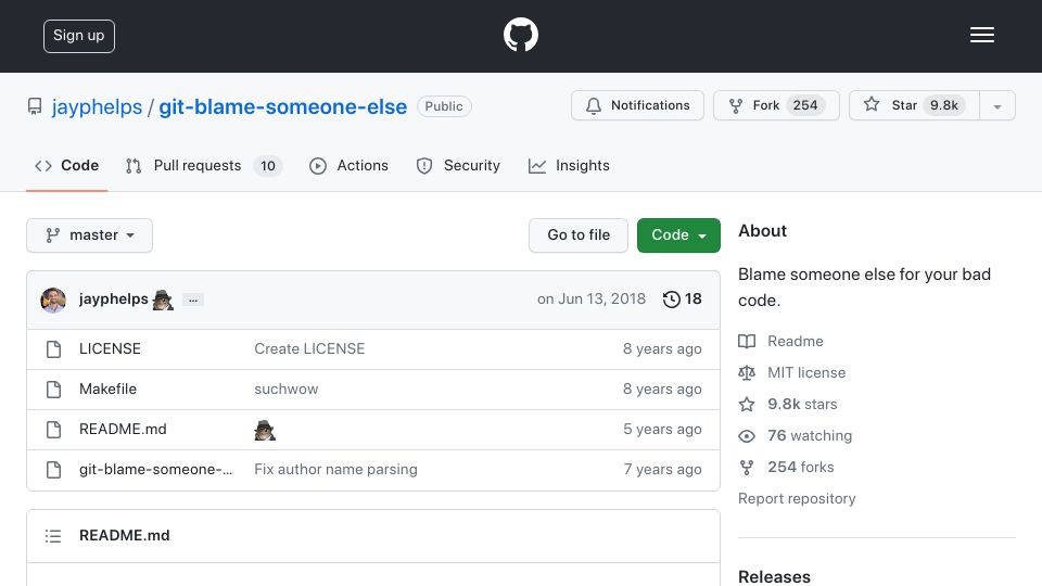 Screenshot of github.com: Git Blame-Someone-Else