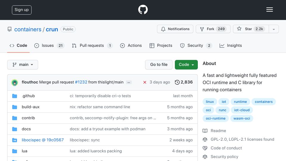 Screenshot of github.com: Crun: Fast and lightweight OCI runtime and C library for running containers