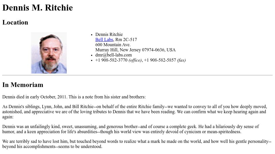 Screenshot of bell-labs.com: Dennis Ritchie’s page on Bell Labs website