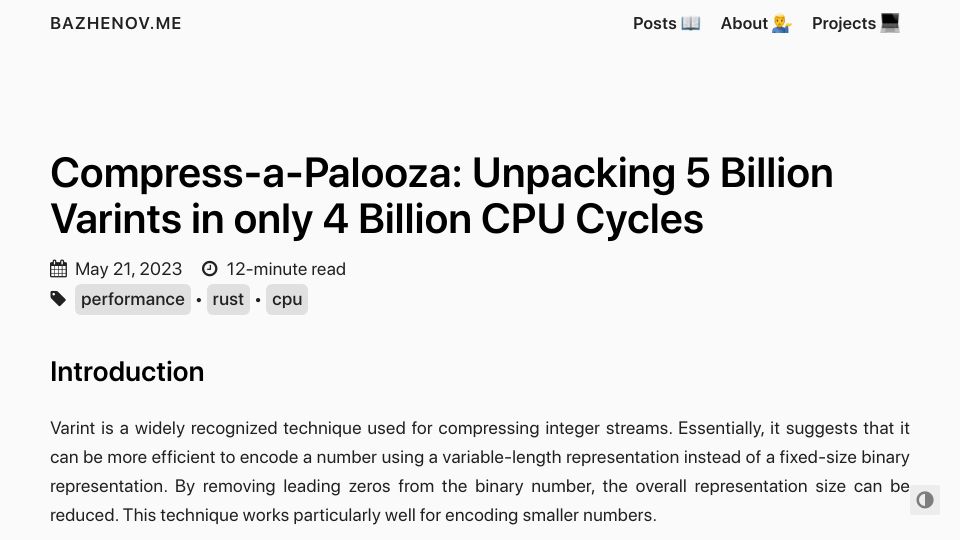 Screenshot of bazhenov.me: Compress-a-Palooza: Unpacking 5B Varints in Only 4B CPU Cycles