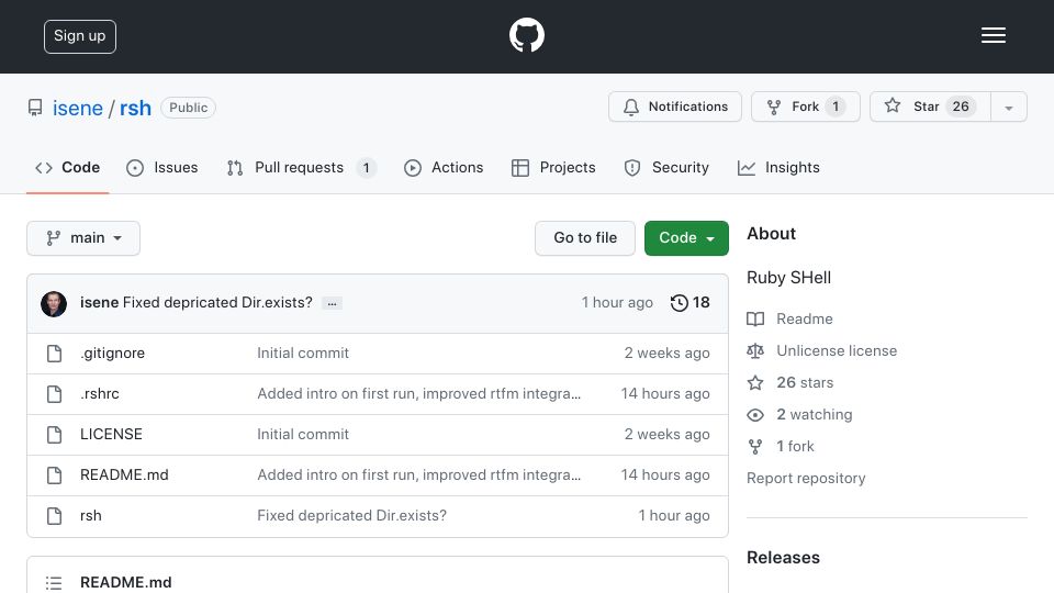 Screenshot of github.com: Rsh: Ruby SHell