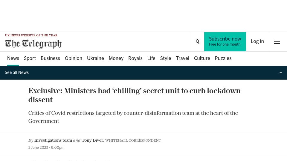Screenshot of telegraph.co.uk: Exclusive: Ministers had ‘chilling’ secret unit to curb lockdown dissent