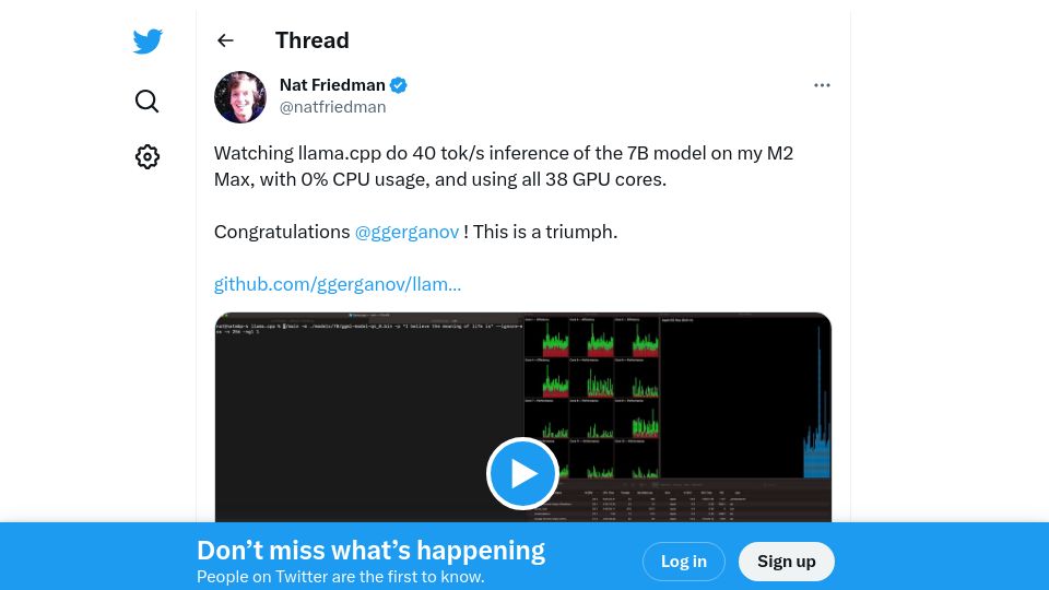 Screenshot of twitter.com: Llama.cpp can do 40 tok/s on M2 Max, 0% CPU usage, using all 38 GPU cores