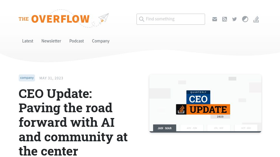 Screenshot of stackoverflow.blog: CEO Update: Paving the road forward with AI and community at the center