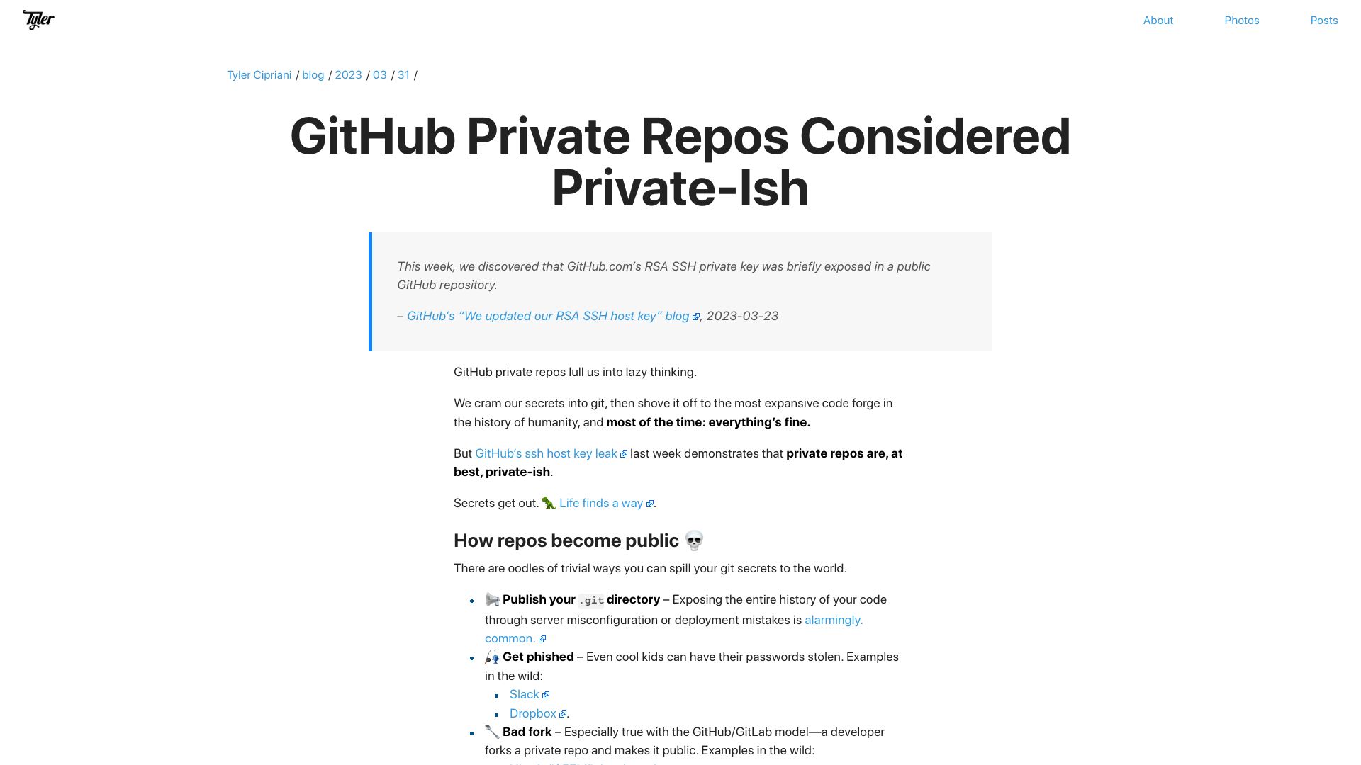 Screenshot of tylercipriani.com: GitHub Private Repos Considered Private-Ish