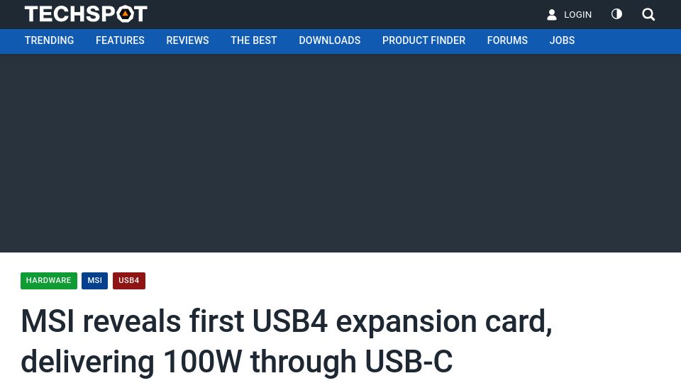 Screenshot of techspot.com: MSI reveals first USB4 expansion card, delivering 100W through USB-C