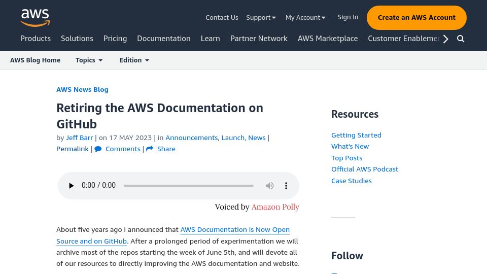 Screenshot of aws.amazon.com: Retiring the AWS Documentation on GitHub