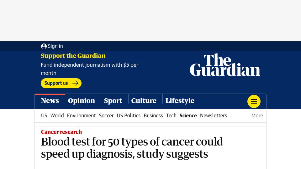 Screenshot of theguardian.com: Blood test for 50 types of cancer could speed up diagnosis, study suggests