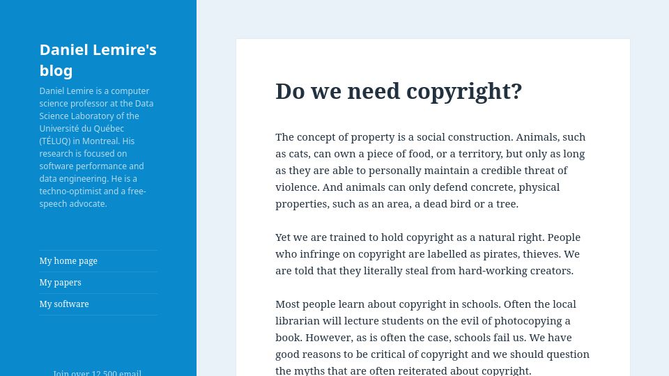 Screenshot of lemire.me: Do we need copyright? (2012)
