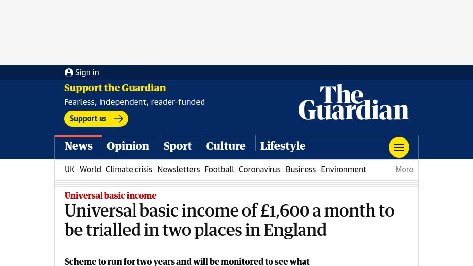 Screenshot of theguardian.com: Universal basic income of £1,600 a month to be trialled in England