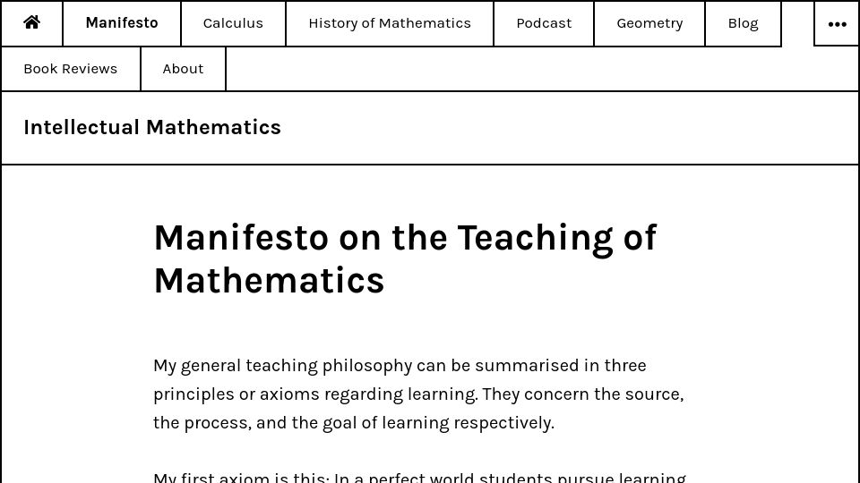Screenshot of intellectualmathematics.com: Manifesto on the Teaching of Mathematics (2015)