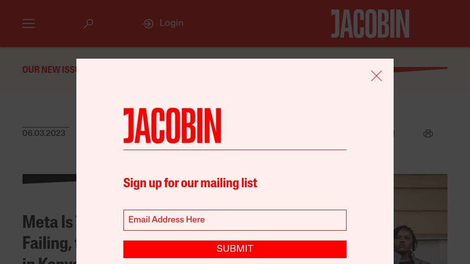 Screenshot of jacobin.com: Meta Is Trying, and Failing, to Crush Unions in Kenya
