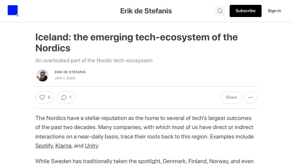 Screenshot of erikdestefanis.substack.com: Iceland: The emerging tech-ecosystem of the Nordics