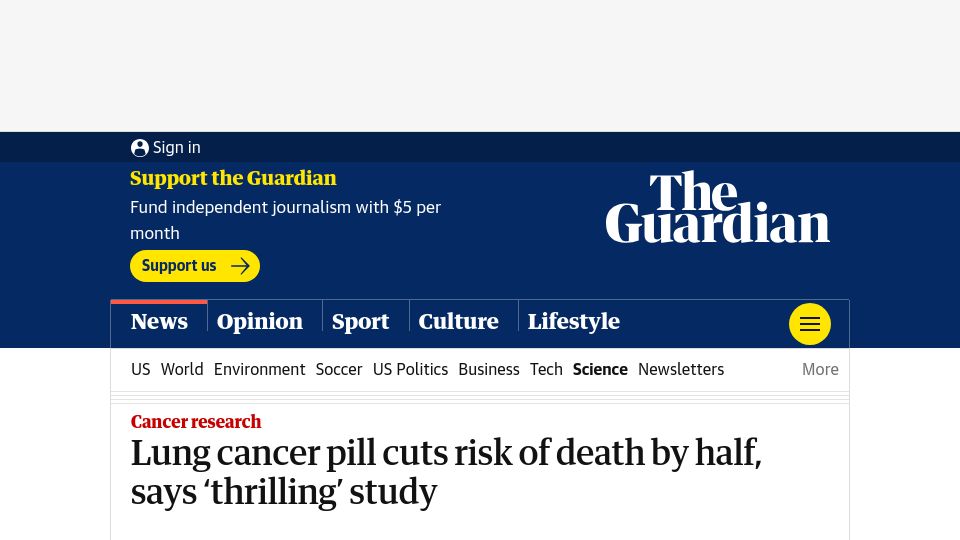 Screenshot of theguardian.com: Lung cancer pill cuts risk of death by half