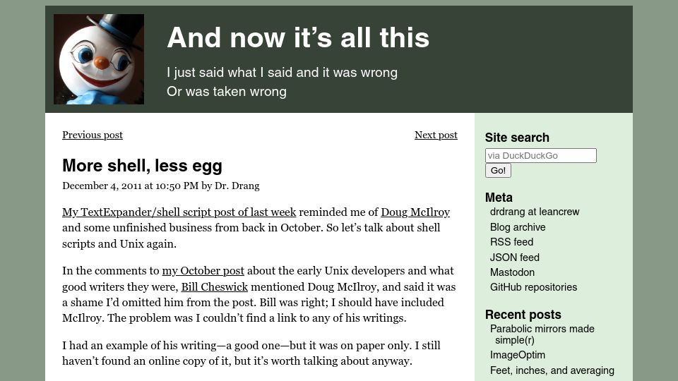 Screenshot of leancrew.com: More shell, less egg (2011)