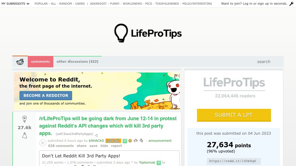 Screenshot of old.reddit.com: Popular Subreddits are organizing a strike on 2023-06-12 b/c high API prices