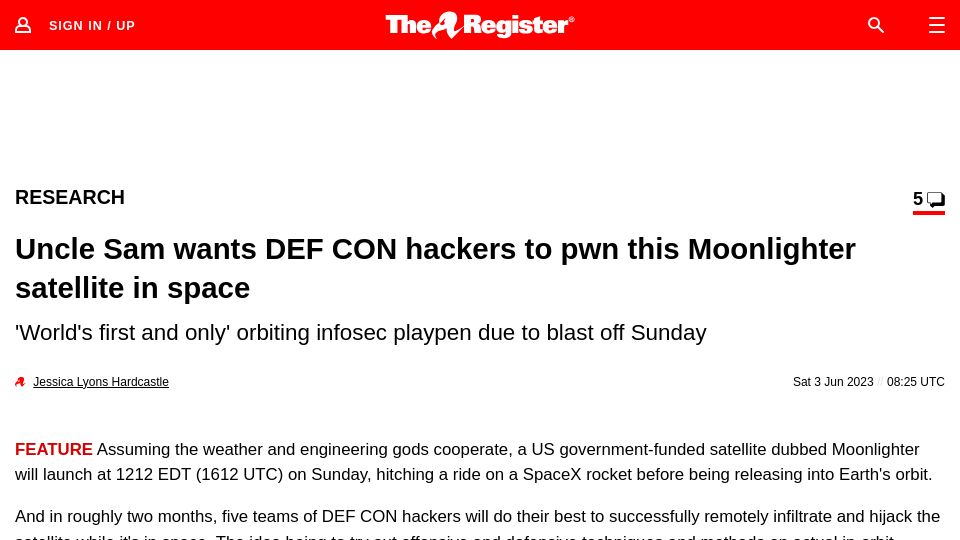 Screenshot of theregister.com: Uncle Sam wants DEF CON hackers to pwn this Moonlighter satellite in space