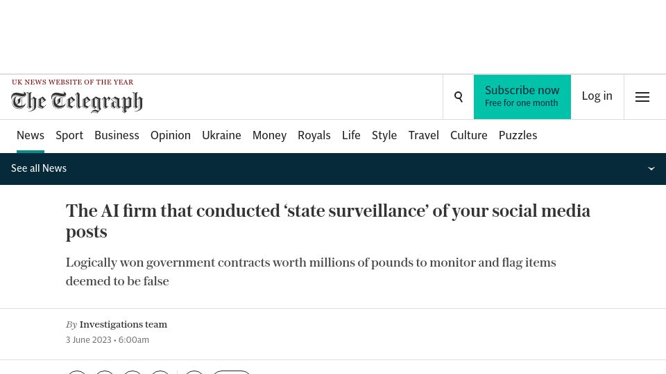 Screenshot of telegraph.co.uk: The AI firm that conducted ‘state surveillance’ of your social media posts