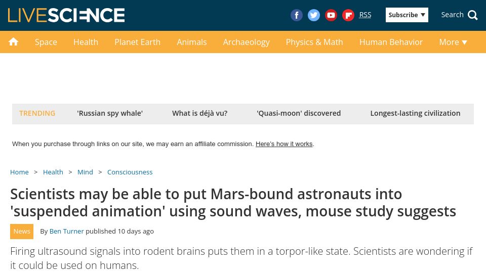 Screenshot of livescience.com: Induction of a torpor-like state in rodents by ultrasound
