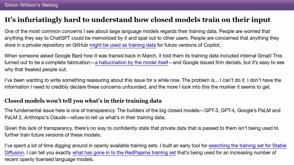 Screenshot of simonwillison.net: It’s infuriatingly hard to understand how closed models train on their input