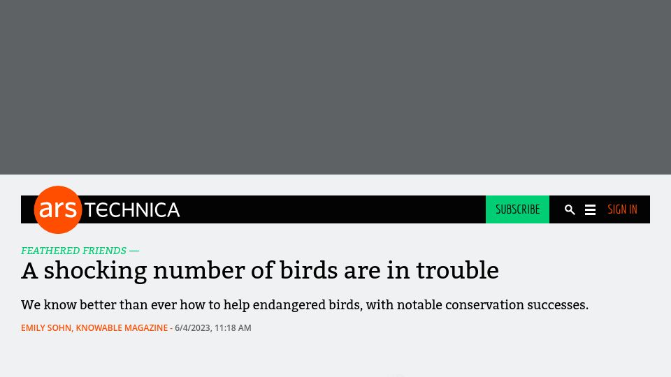 Screenshot of arstechnica.com: A shocking number of birds are in trouble
