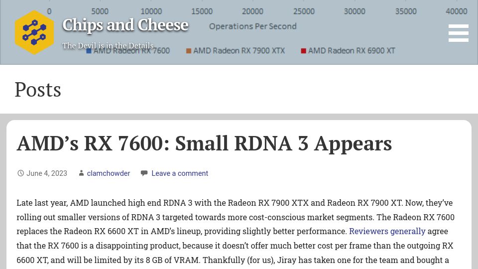 Screenshot of chipsandcheese.com: AMD’s RX 7600: Small RDNA 3 Appears