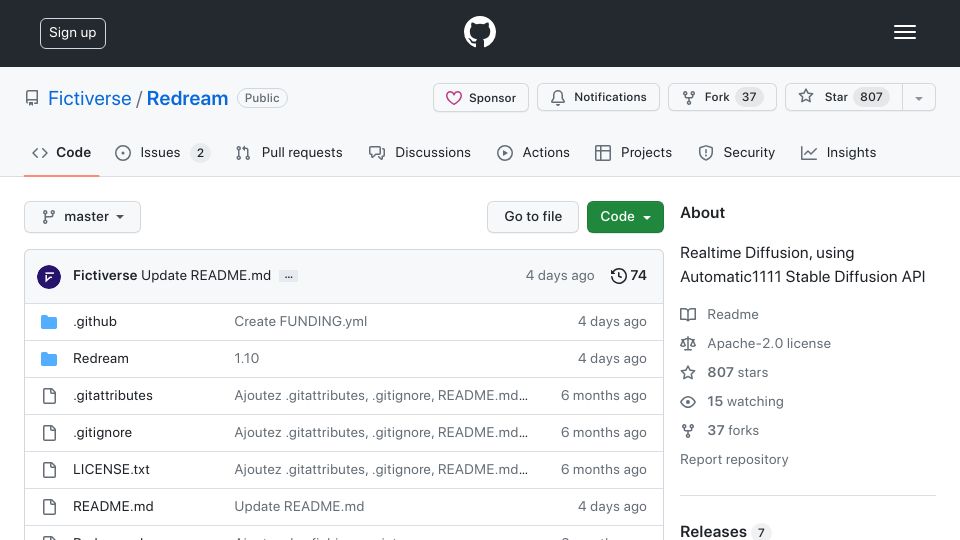 Screenshot of github.com: Redream: Realtime Diffusion, Using Automatic1111 Stable Diffusion API