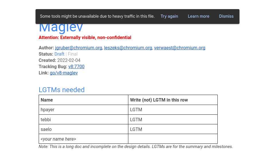Screenshot of docs.google.com: V8 Maglev: compiler design doc