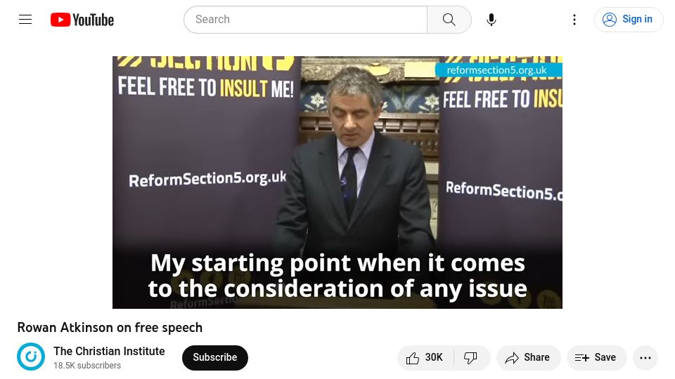 Screenshot of youtube.com: Rowan Atkinson on free speech (2012) [video]