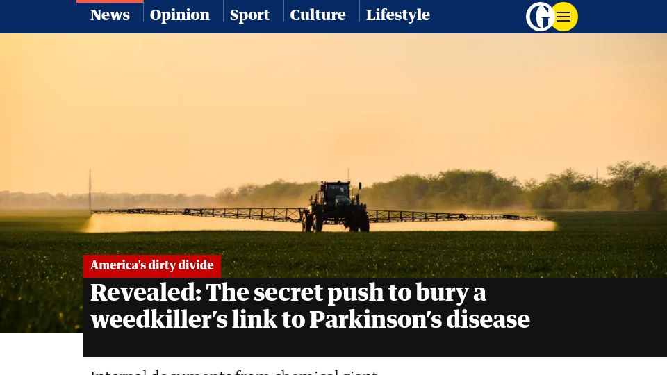 Screenshot of theguardian.com: A push to bury a weedkiller’s link to Parkinson’s disease