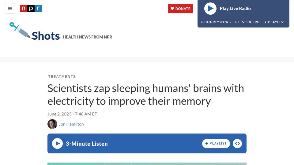Screenshot of npr.org: Scientists zap sleeping humans' brains with electricity to improve their memory