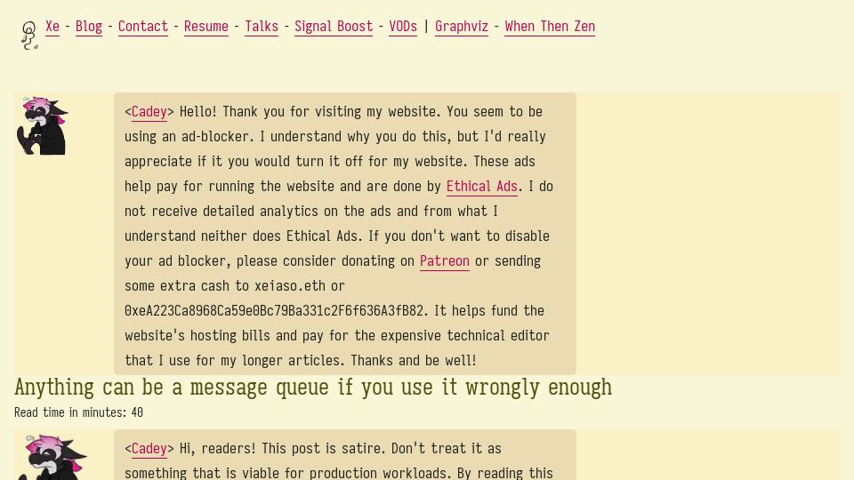 Screenshot of xeiaso.net: Anything can be a message queue if you use it wrongly enough