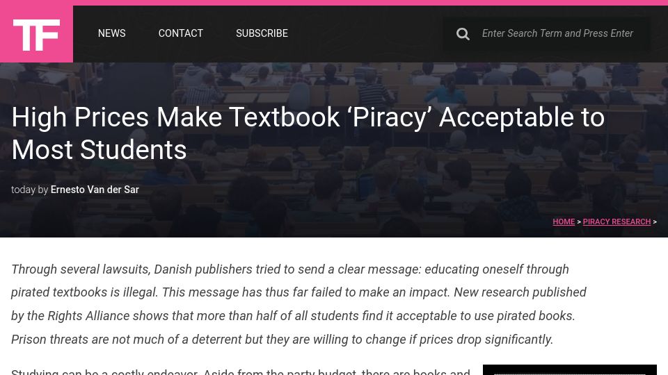 Screenshot of torrentfreak.com: High prices make textbook ‘piracy’ acceptable to most students
