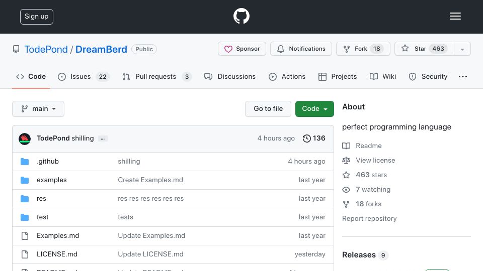 Screenshot of github.com: DreamBerd is a perfect programming language