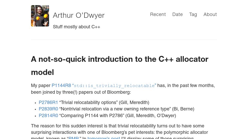 Screenshot of quuxplusone.github.io: A not-so-quick introduction to the C++ allocator model