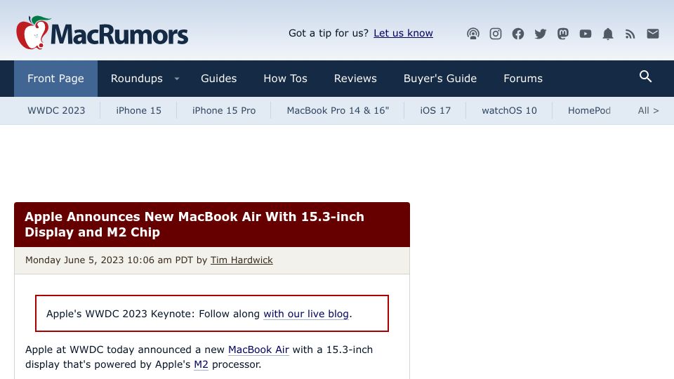 Screenshot of macrumors.com: Apple Announces New MacBook Air with 15.3-Inch Display and M2 Chip
