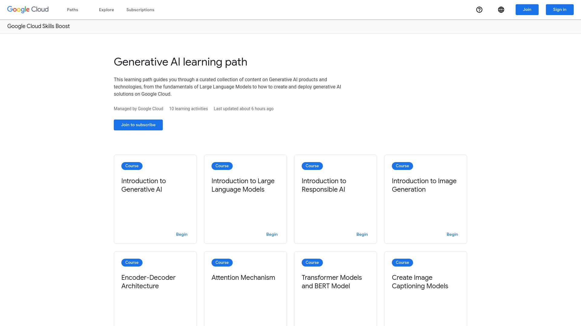 Screenshot of cloudskillsboost.google: Generative AI learning path