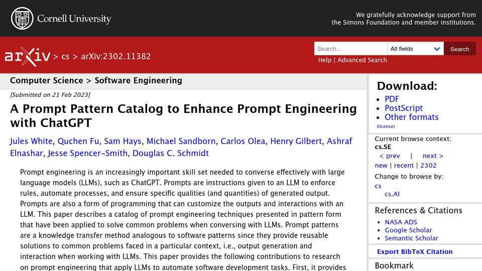 Screenshot of arxiv.org: A prompt pattern catalog to enhance prompt engineering with ChatGPT