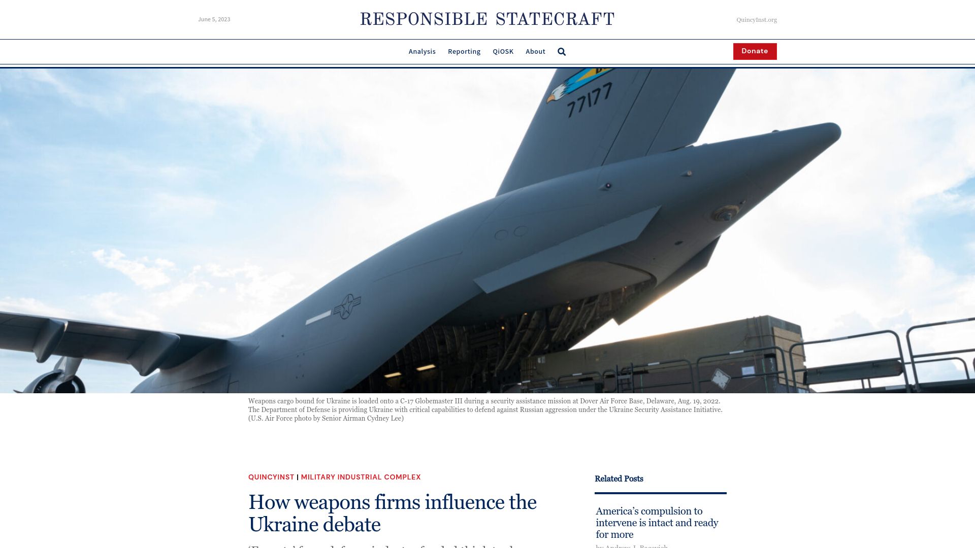 Screenshot of responsiblestatecraft.org: Weapons firms influence the Ukraine debate